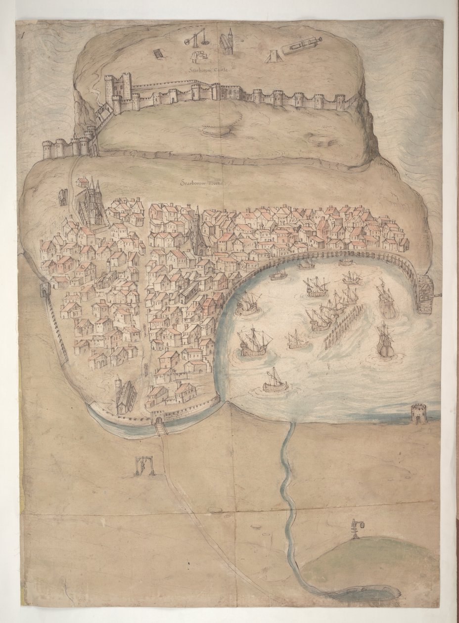 Un plano coloreado o vista de pájaro de la ciudad y el castillo de Scarborough de English School