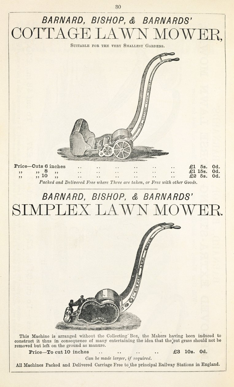 Una Cabaña y Cortacésped Simplex, ilustración de un catálogo de jardinería, publicado por Barnard Bishop & Barnard, 1878 de English School