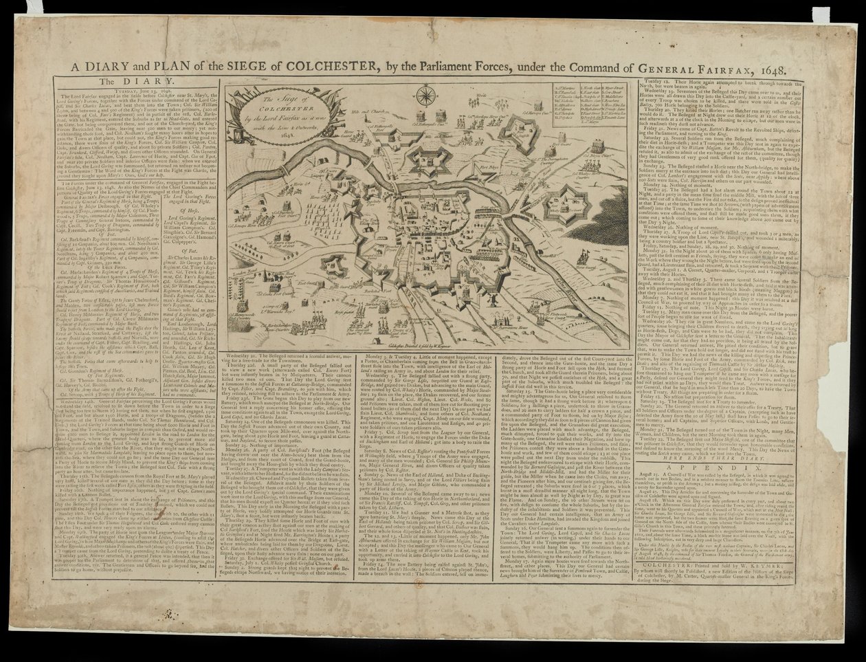 Un Diario y Plan Pictórico del Asedio de Colchester 1648, impreso y vendido por W. Keymer, 1648 de English School