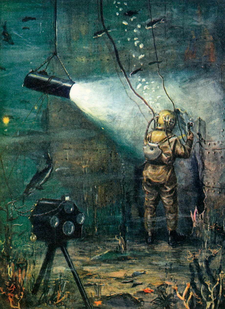 Un submarinista trabajando en un pecio (litografía en color) de English School
