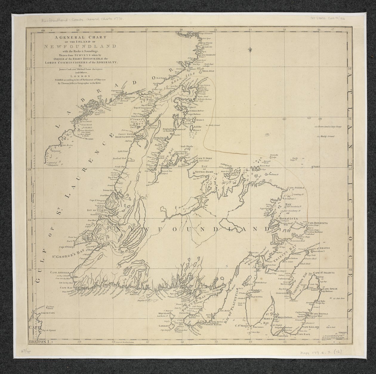 Un gráfico general de la isla de Terranova con las rocas y los sondeos, elaborado a partir de estudios realizados... Por James Cook y Michael Lane de English School