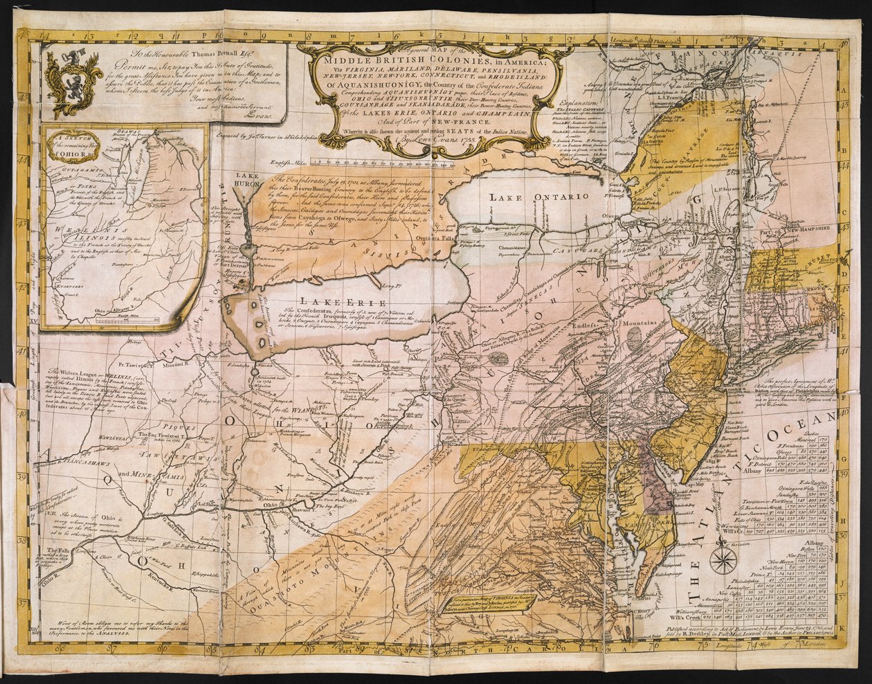 Un mapa general de las colonias británicas medias en América; verbigracia. Virginia, Mariland, Delaware, Pensilvania, New-Jersey, New-York, Connecticut y Rhode Island: de Aquanishuonîgy, el País de los Indios Confederados. . . de los lagos Erie, Ontario y  de English School