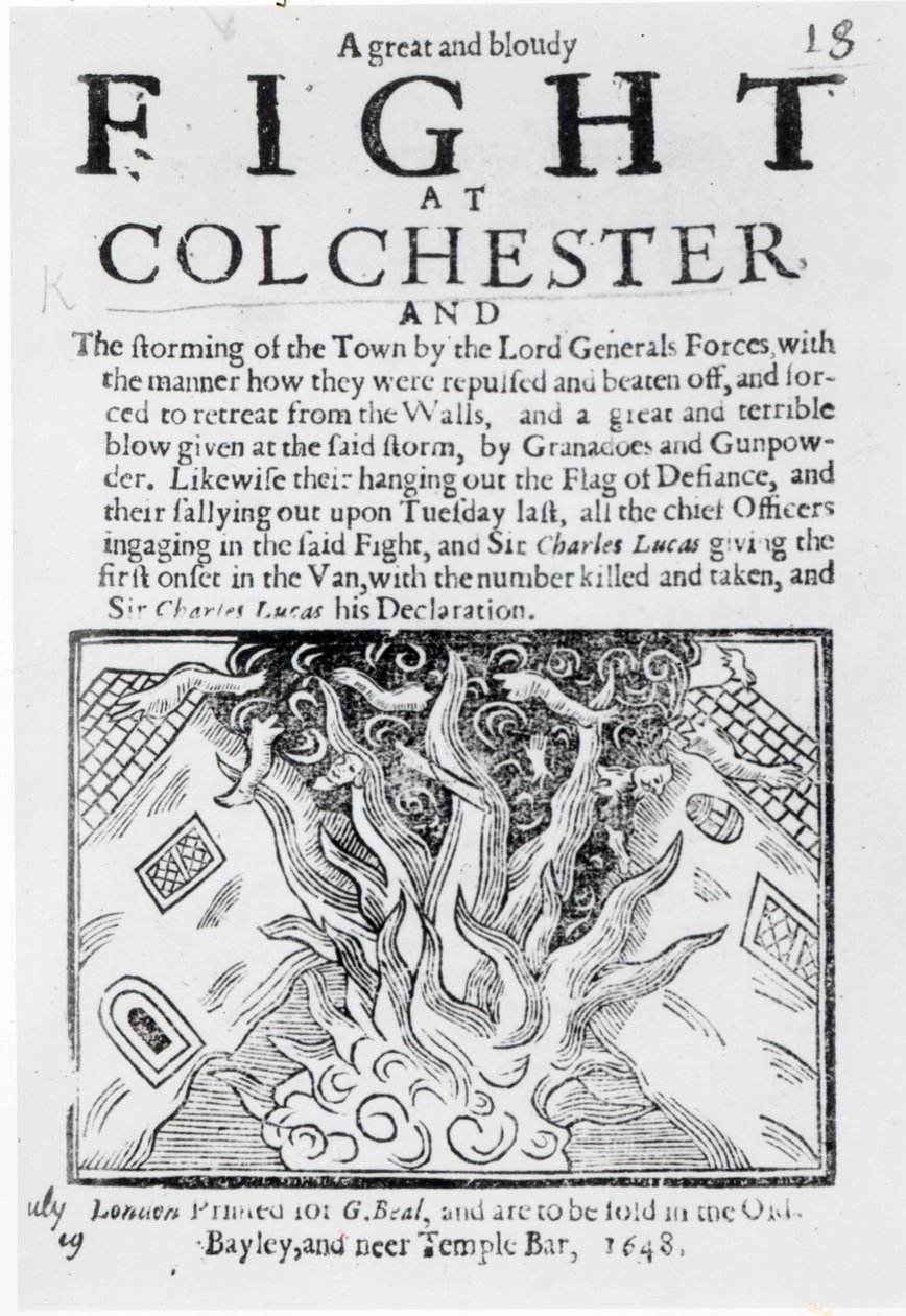 Una gran y sangrienta batalla en Colchester, impreso en 1648 de English School
