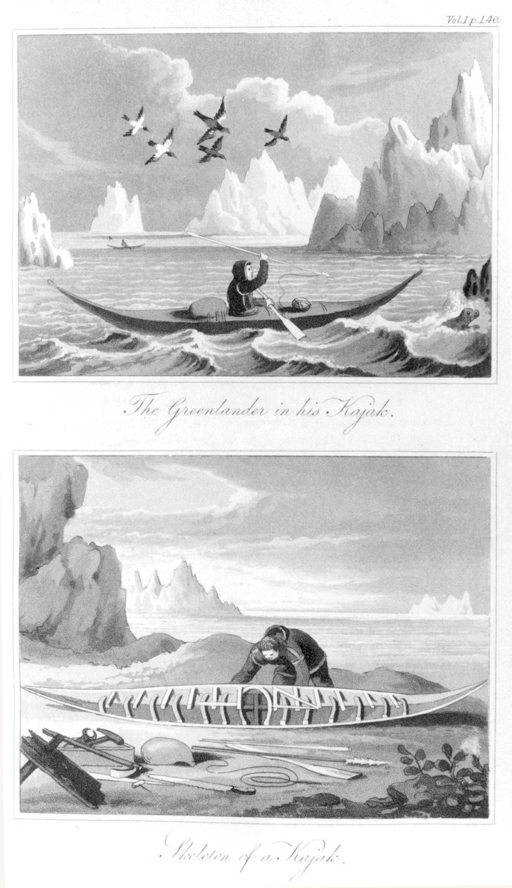 Un groenlandés y su kayak, de Historia de Groenlandia por David Crantz, 1820 de English School