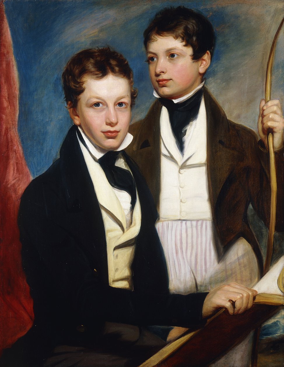 Un retrato de grupo de los chicos Musgrave Morris, uno sentado medio cuerpo con una chaqueta oscura, sosteniendo un libro, el otro de pie tres cuartos de longitud con una chaqueta oscura, sosteniendo un arco, c.1830 de English School