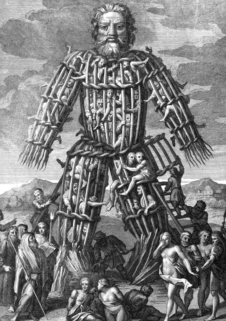 Un enorme coloso hecho de ramitas de mimbre, en el que los hombres eran quemados vivos en honor a los dioses, ilustración de los Comentarios de César traducidos al inglés por William Duncan de English School