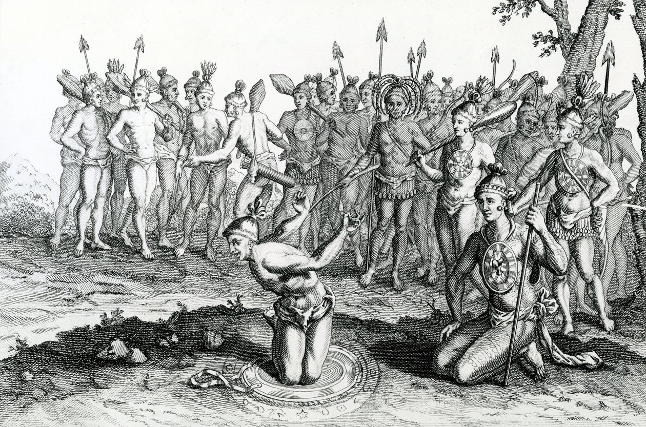 Un Rey de Florida consultando a su Mago antes de ir a la batalla, ilustración tomada de los Viajes y Aventuras de Moore, 1778 de English School
