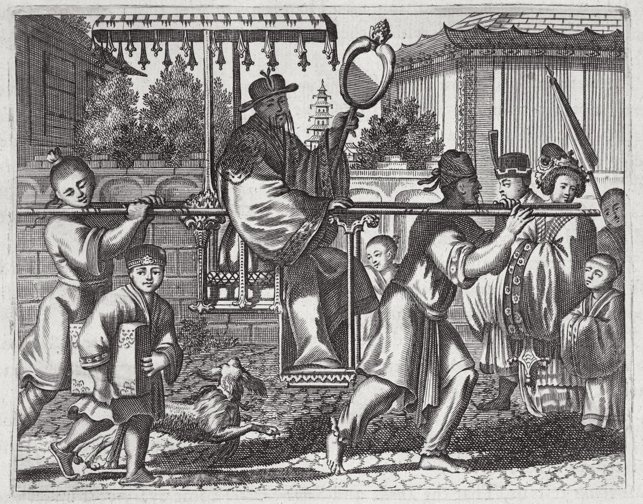 Un Mandarín en una Silla de Sedan, ilustración de una descripción de Embajadas a China, 1690 de English School