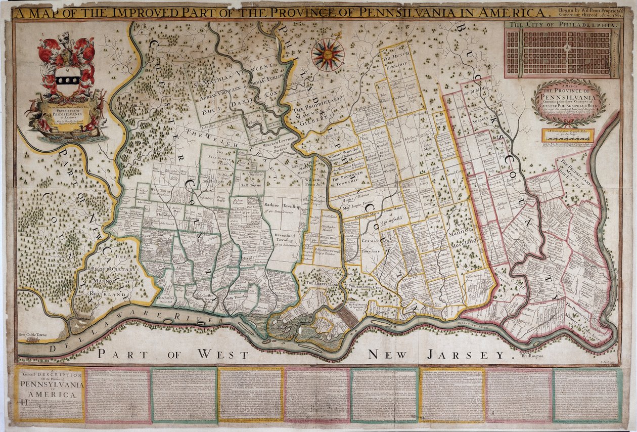Un mapa de la parte mejorada de la provincia de Pensilvania en América, por Thomas Holmes de English School