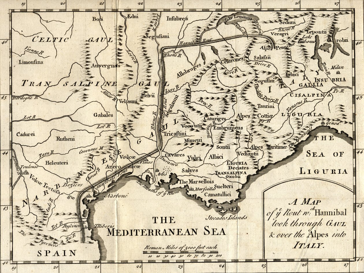 Mapa de la ruta que tomó Aníbal a través de la Galia y sobre los Alpes hacia Italia de English School