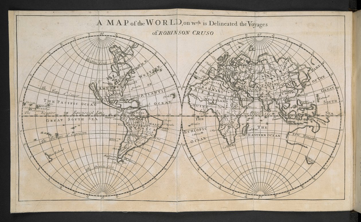 Un mapa del mundo, en el que se delinean los viajes de Robinson Crusoe de English School