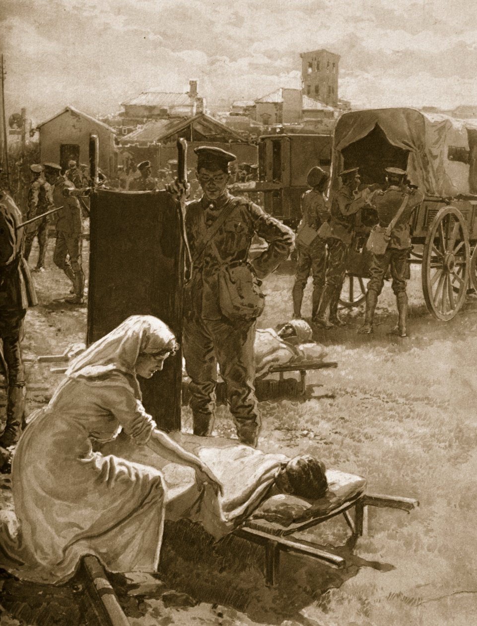 Una estación médica atendiendo a soldados heridos, 1914-19 de English School