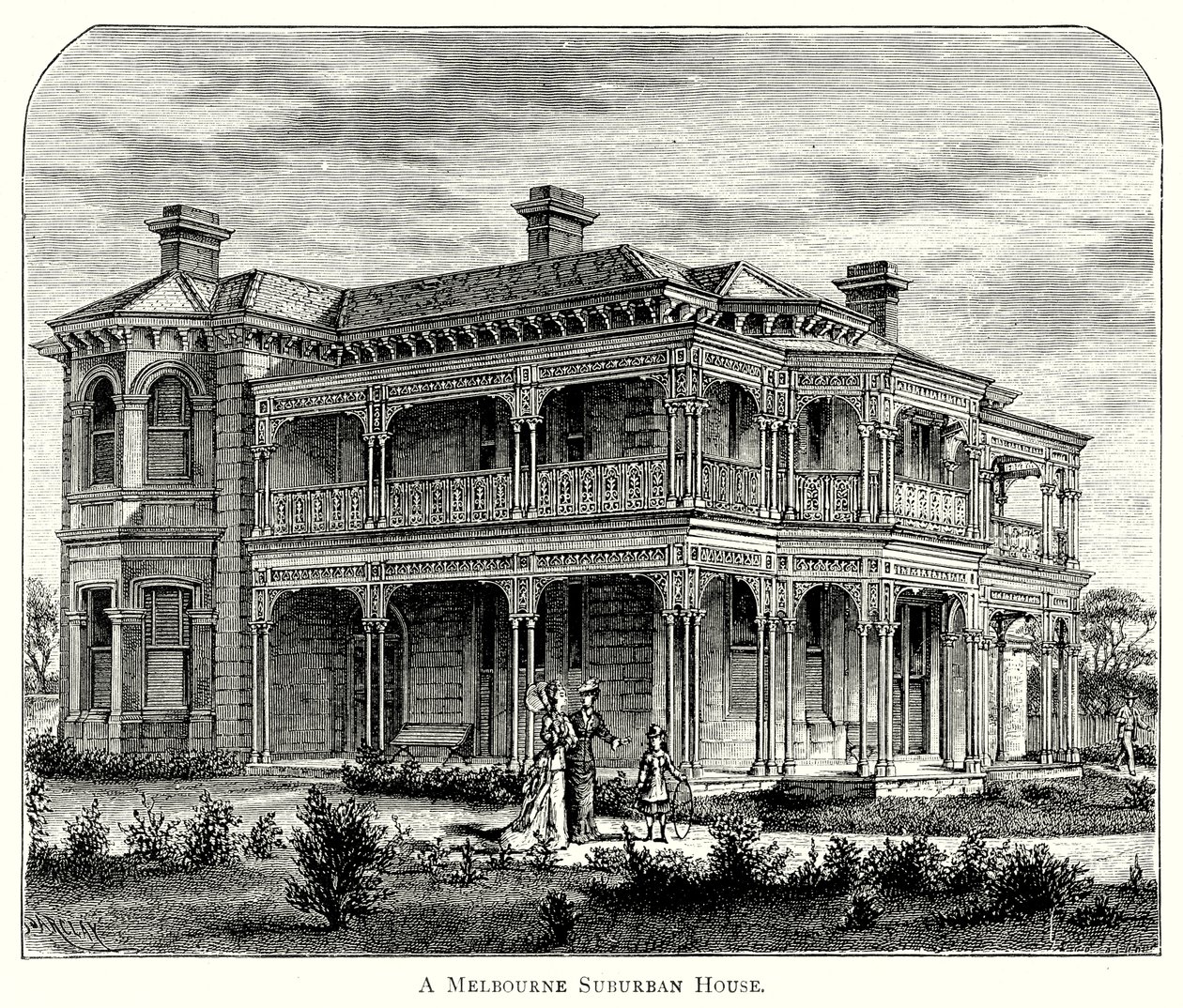 Una casa suburbana de Melbourne (grabado) de English School
