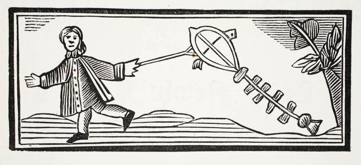 Una cometa de papel que se eleva en el aire, ilustración de Chap-books del siglo XVIII de John Ashton, pub. 1882 de English School