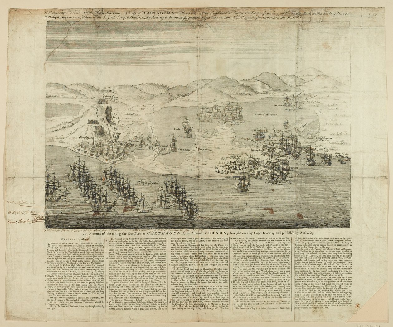 Dibujo perspectivo de la ciudad, puerto y fuertes de Cartagena en 1739, publicado en 1741 de English School