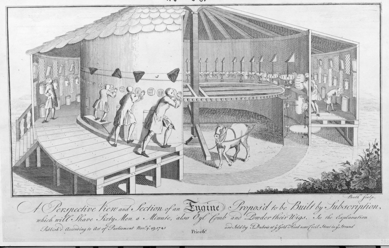 Vista y sección en perspectiva de una máquina propuesta para ser construida por suscripción que afeitará a sesenta hombres por minuto, también engrasará, peinará y empolvará sus pelucas, publicado por J. Dubois, 1745 de English School