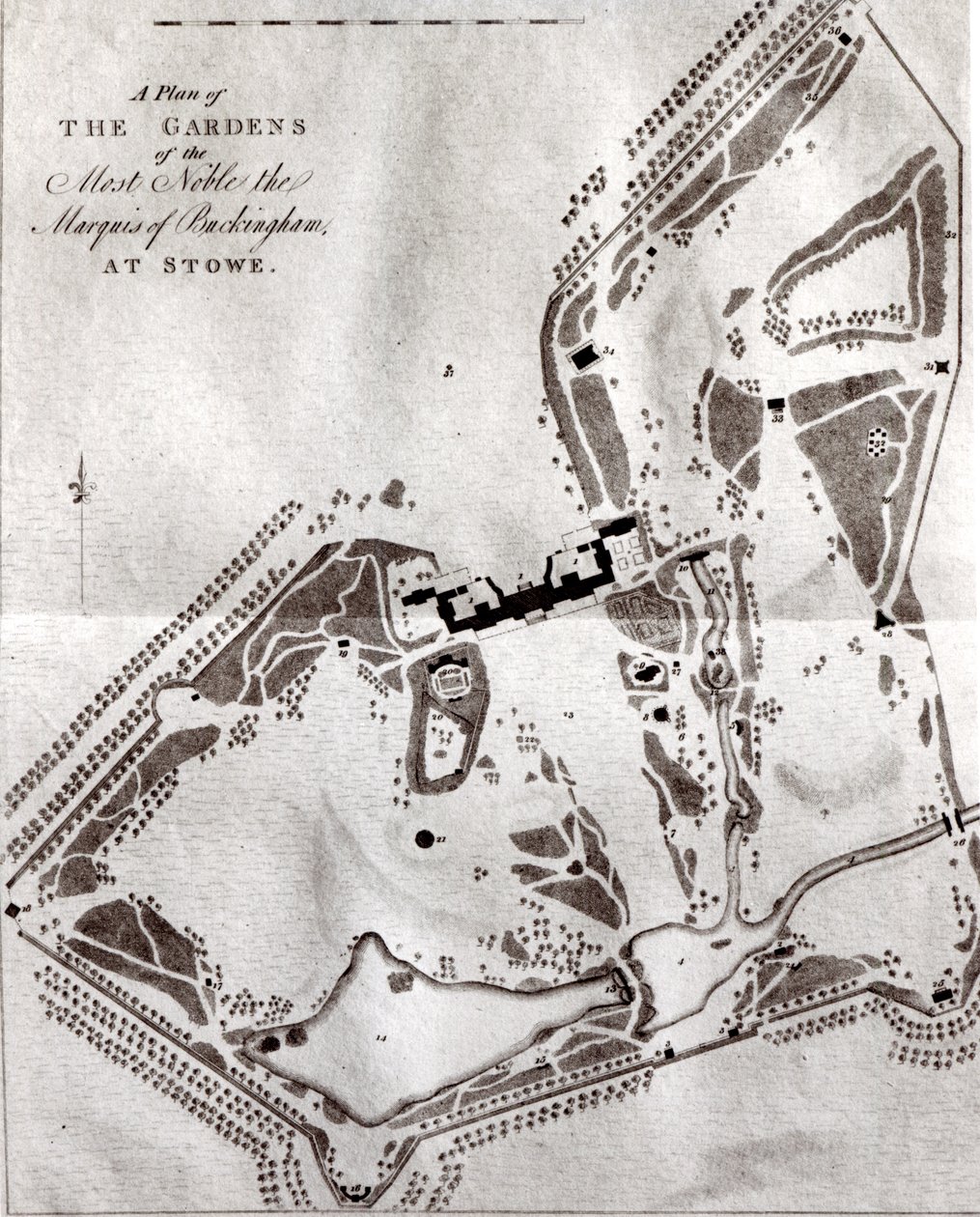 Un plan de los jardines del Muy Noble Marqués de Buckingham en Stowe, de la Guía del Visitante, publicada en 1797 de English School
