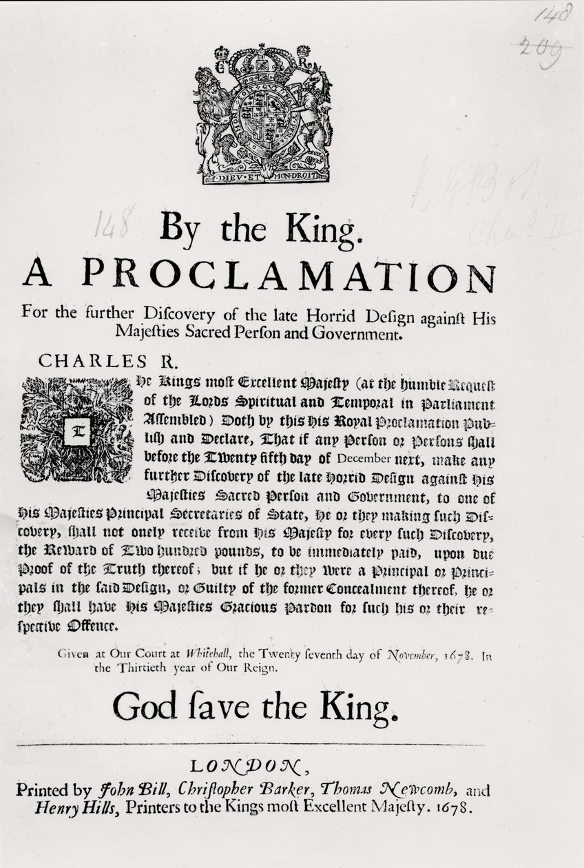 Proclamación del Rey, para el Descubrimiento Adicional del Último Horrible Diseño Contra la Sagrada Persona y el Gobierno de Su Majestad, 27 de noviembre de 1678 de English School