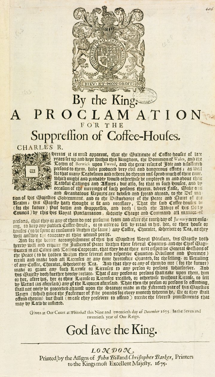 Proclamación del Rey para la Supresión de las Casas de Café, 1675 de English School