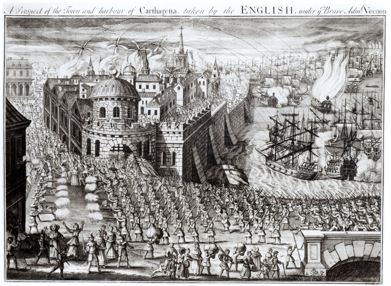 Una perspectiva de la ciudad y el puerto de Cartagena, tomada por los ingleses bajo el valiente almirante Vernon, 1741 de English School