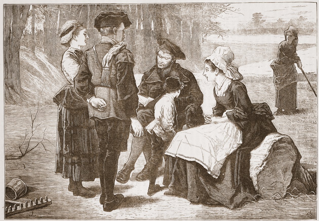 Un trabajador protestante de Meaux leyendo las Escrituras a sus amigos, ilustración de La Historia del Protestantismo de James Aitken Wylie, pub. 1878 de English School