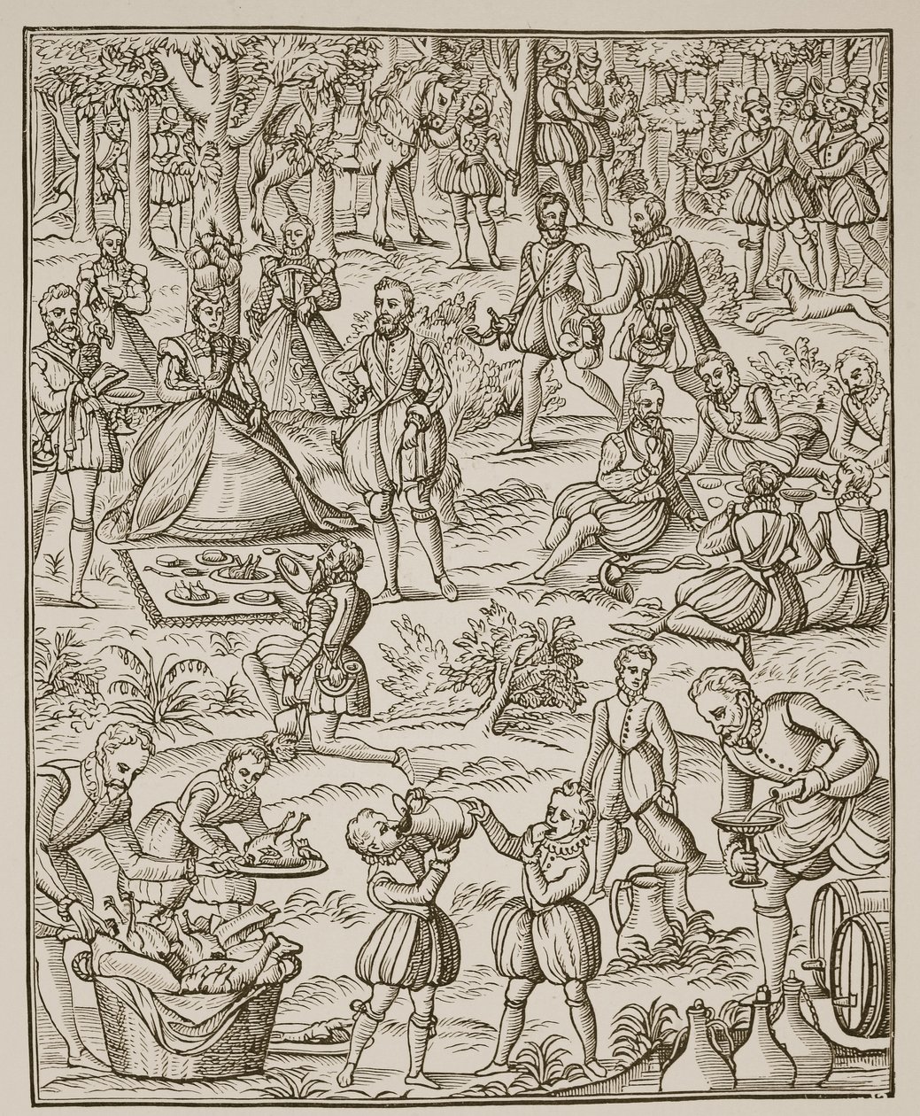 Un picnic real, lámina de Noble Art of Venerie and Hunting por George Turberville, 1575 de English School