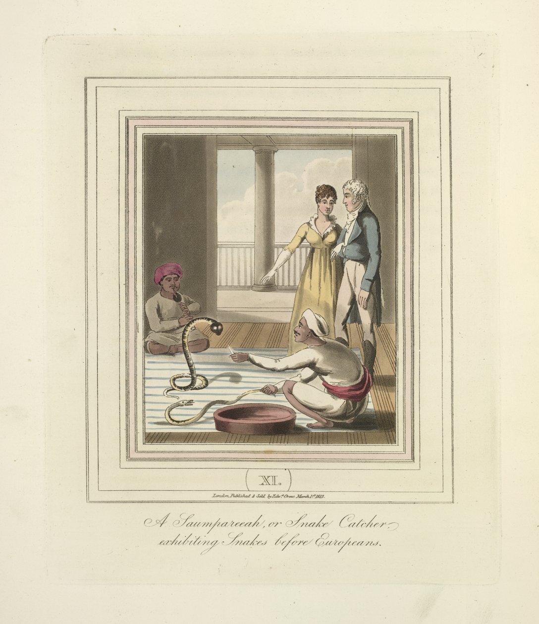 Un saumpareeah o cazador de serpientes que exhibe serpientes ante los europeos, c.1824 (litografia en color) de English School