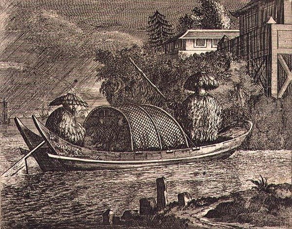 Un pequeño bote fluvial chino bajo la lluvia, ilustración de una descripción de embajadas a China de English School