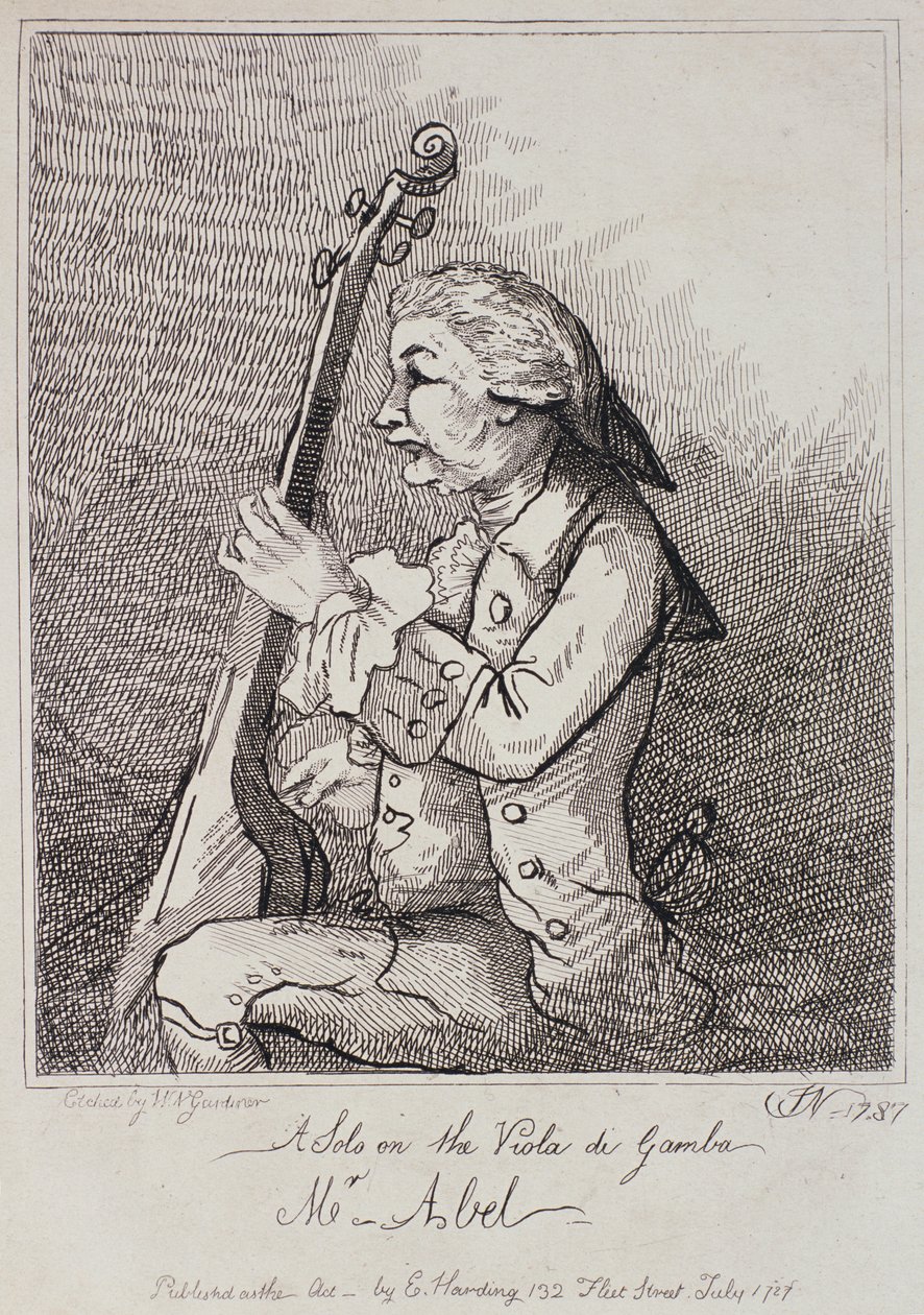 Solo en la Viola da Gamba, Carl Friedrich Abel (1723-87) (grabado) de English School