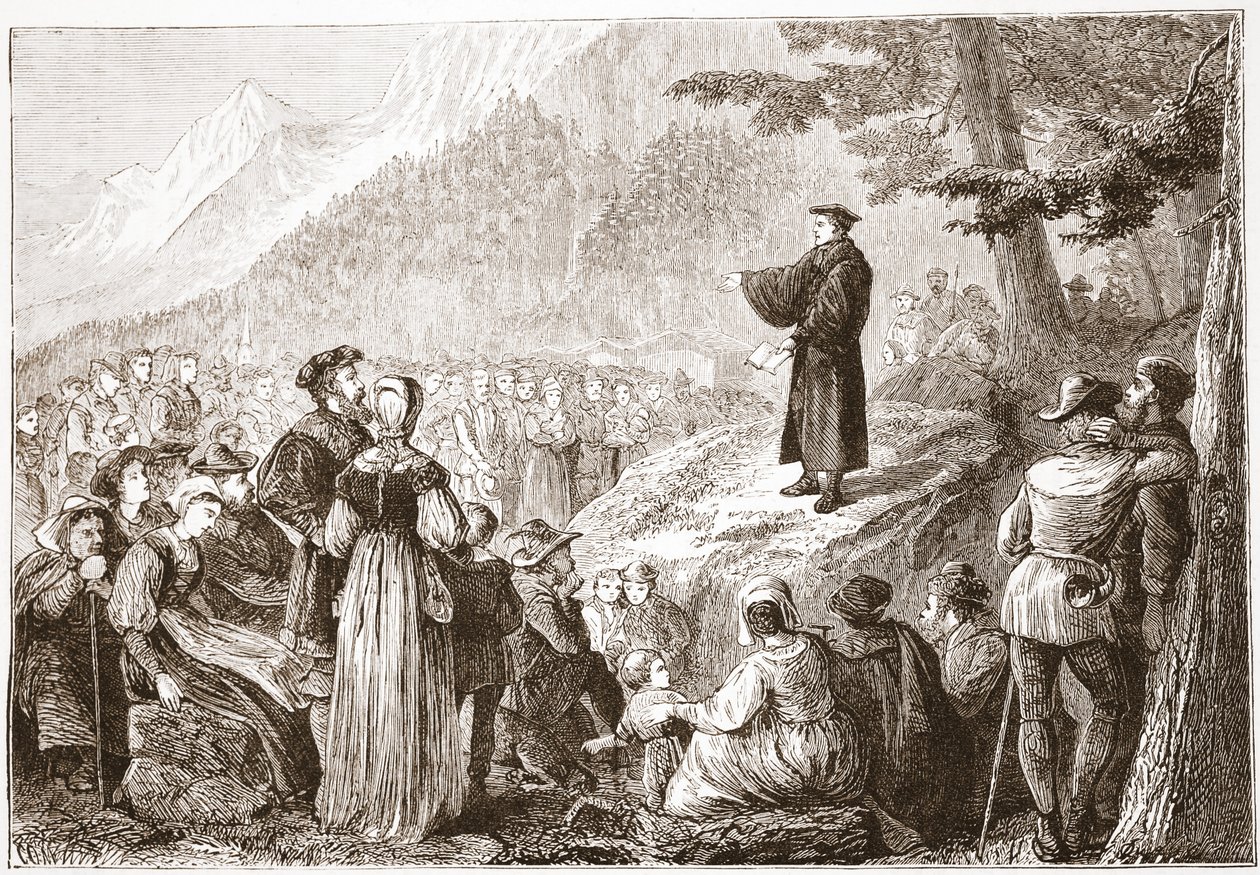 Un reformador suizo predicando a su rebaño en el campo abierto, ilustración de La Historia del Protestantismo de James Aitken Wylie, pub. 1878 de English School