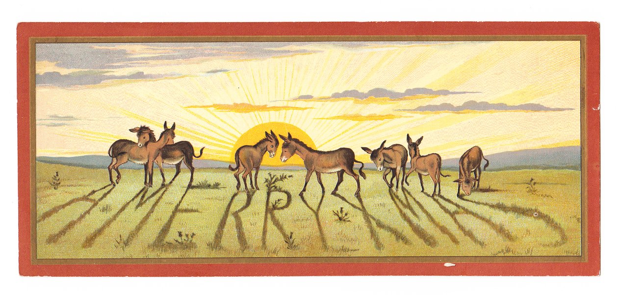 Tarjeta navideña victoriana de una puesta de sol proyectando sombras de una fila de burros que dice "Feliz Navidad", circa 1880 de English School