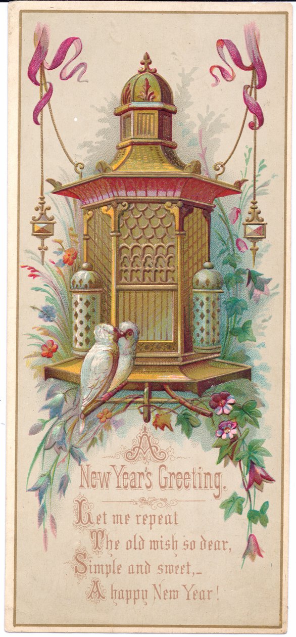 Una tarjeta de Navidad victoriana que representa una jaula de pájaros elaborada con una pareja de pajaritos, c.1880 de English School