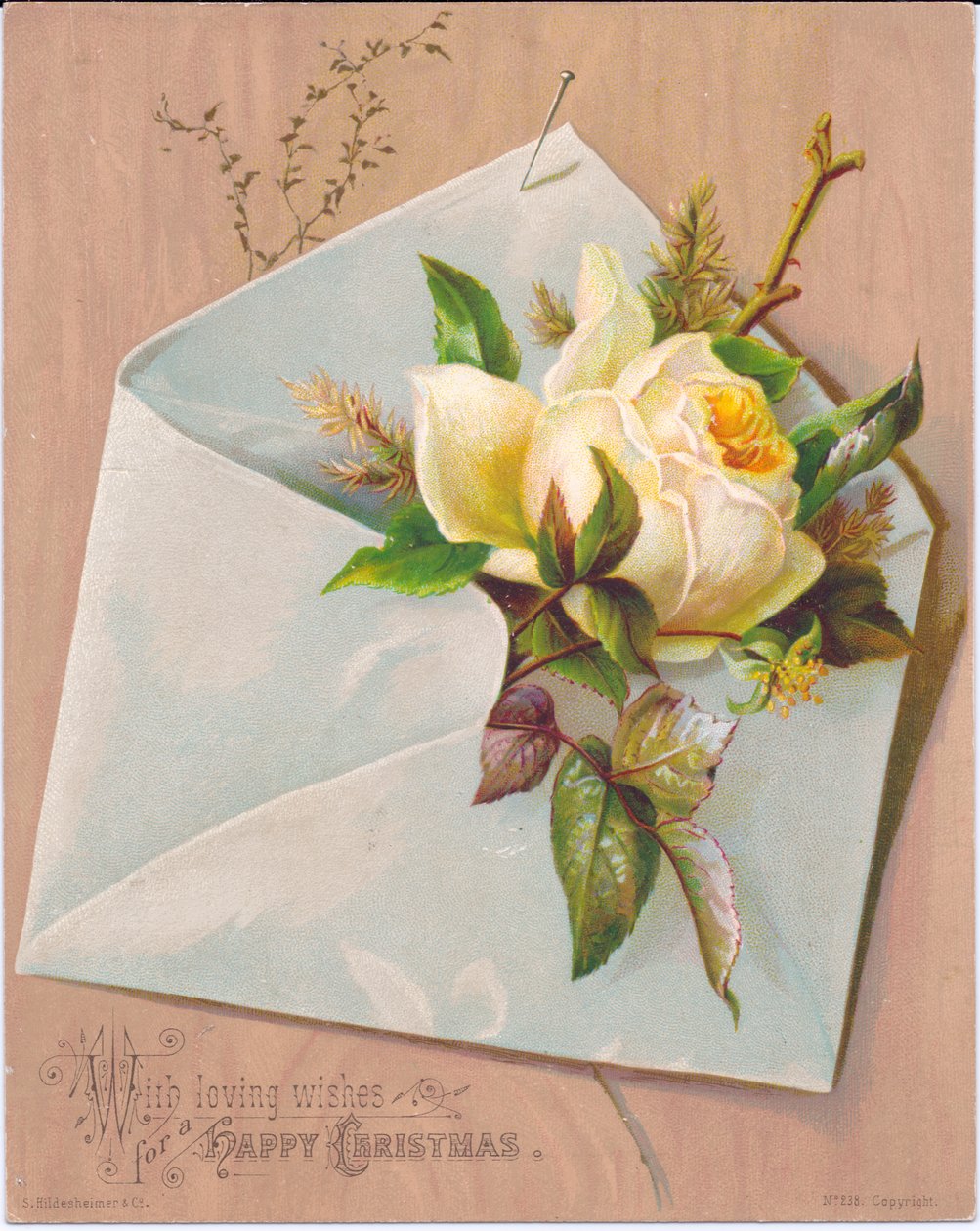 Tarjeta de Navidad victoriana que representa un sobre con una rosa saliendo de él, c.1880 de English School