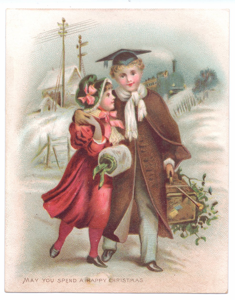 Tarjeta navideña victoriana de un niño con birrete abrazando a una niña caminando por la nieve, c.1880 de English School