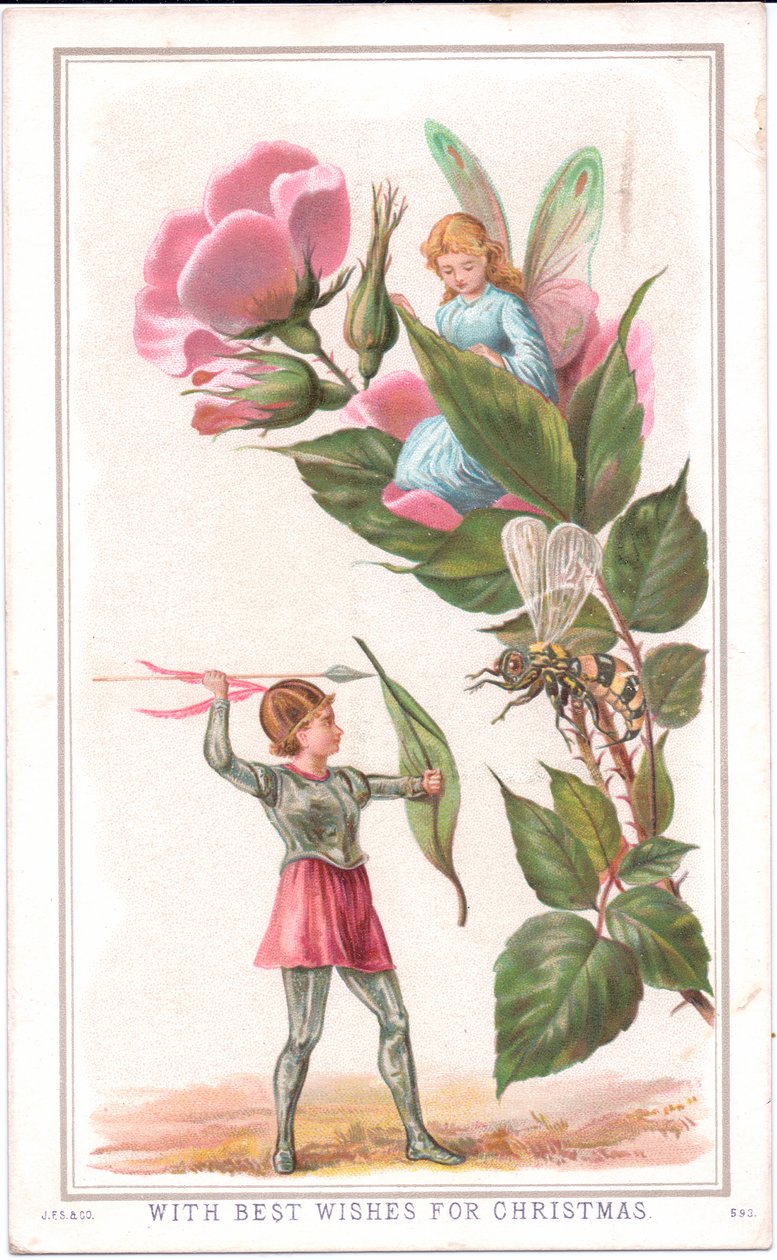 Tarjeta navideña victoriana de un hada sentada en una rosa y otra hada lanzando una lanza a una avispa, c.1880 de English School