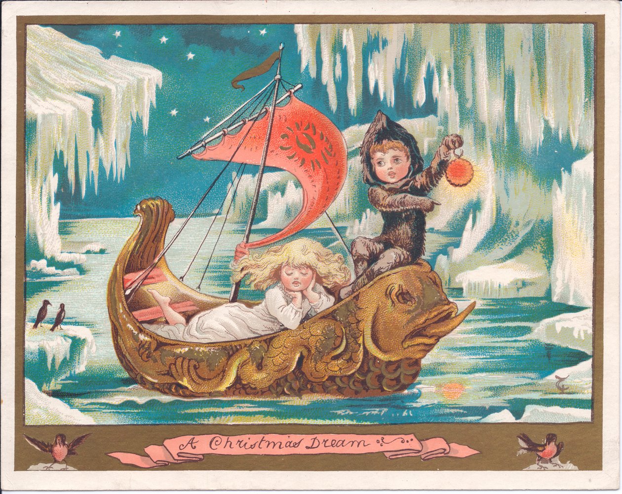 Tarjeta navideña victoriana de un hada niña dormida en un bote de delfín ornamentado en un mar congelado mientras un hada niño sostiene una lámpara, c.1880 de English School