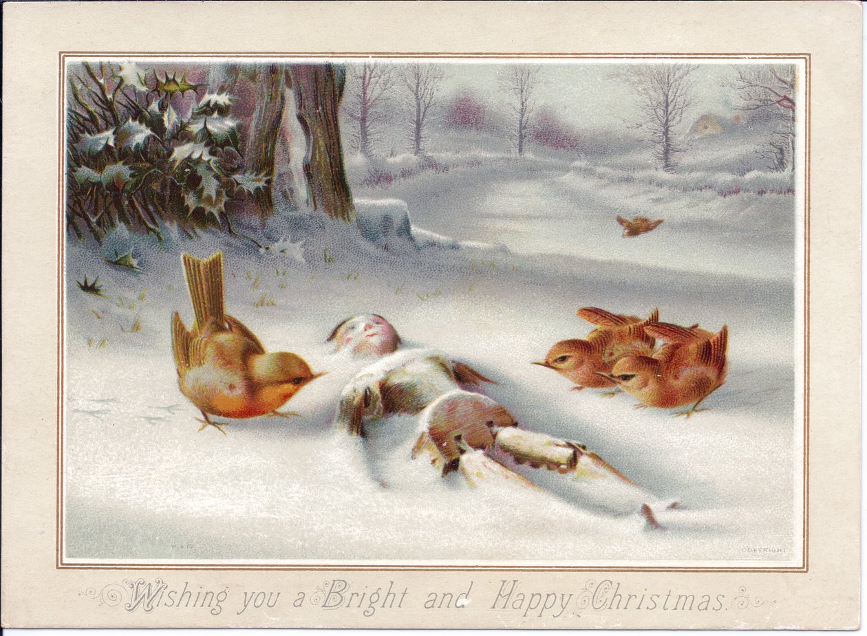 Tarjeta navideña victoriana de Robbins mirando una marioneta de madera en la nieve, c.1880 (litografía en color) de English School