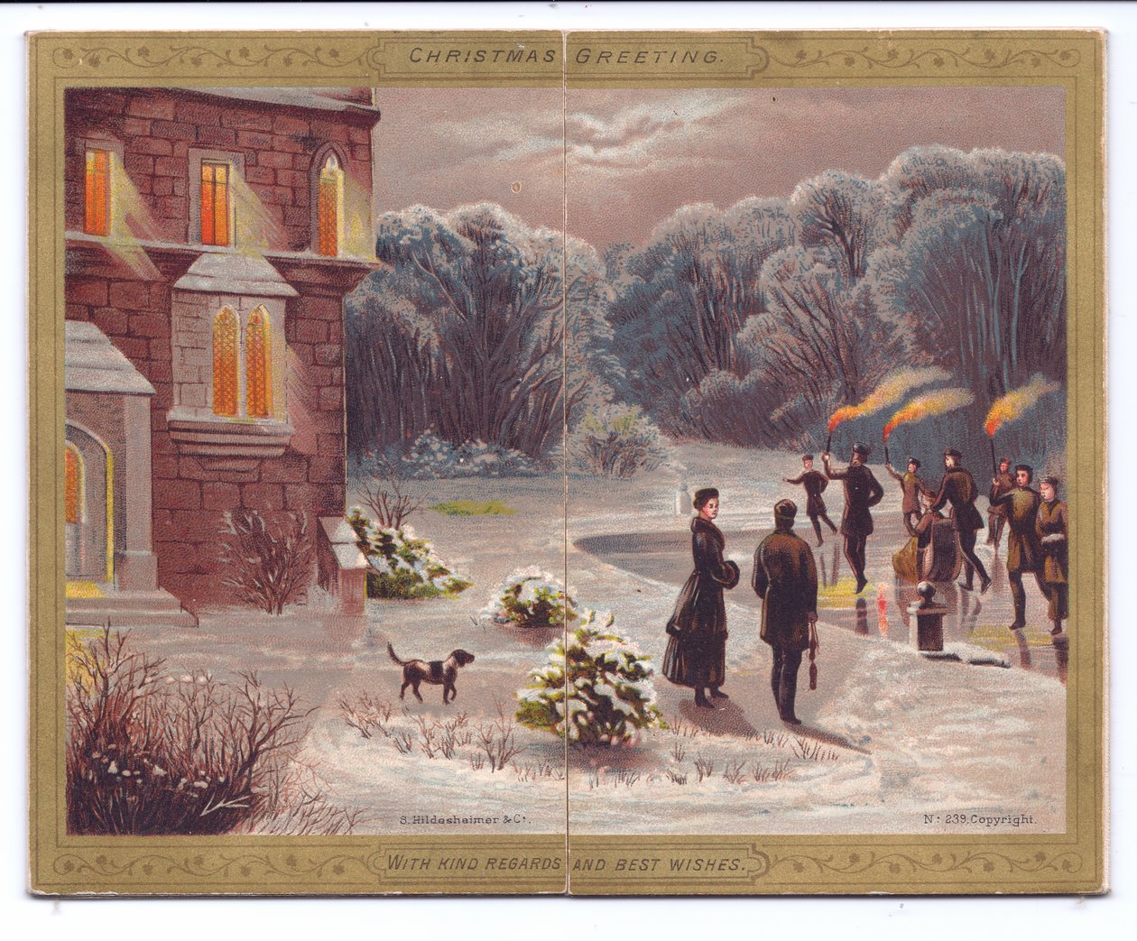 Tarjeta de Navidad Victoriana de Patinadores con Antorchas en un Lago Congelado frente a una Mansión con Espectadores y un Perro, c.1880 de English School