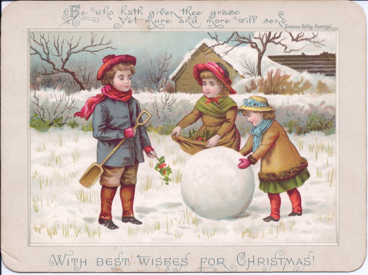 Tarjeta navideña victoriana de tres niños jugando con una gran bola de nieve, c.1880 (litografía en color) de English School