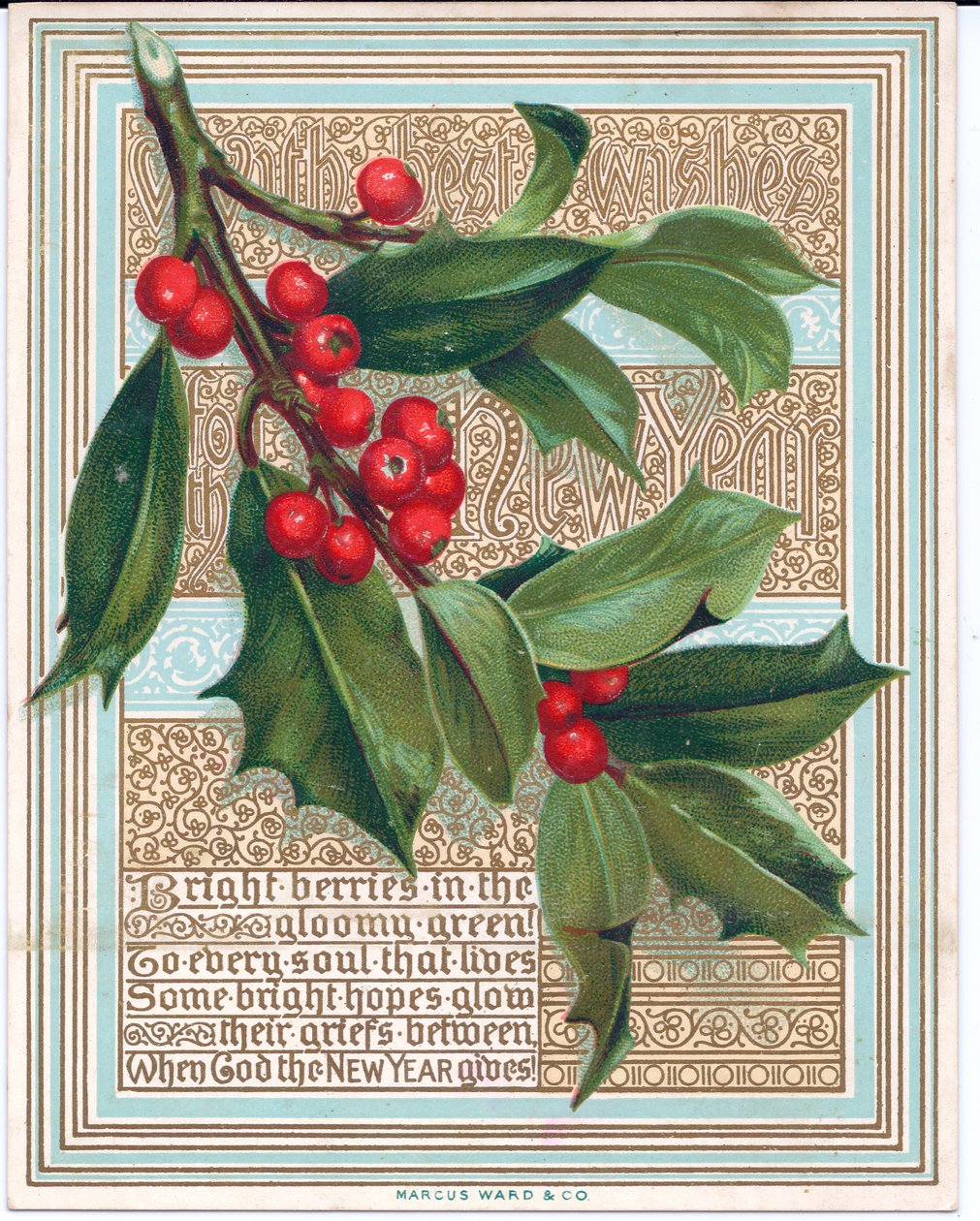 Una tarjeta de Navidad victoriana con un ramo de acebo cubriendo un verso. Publicado por Marcus Ward, c.1880 de English School