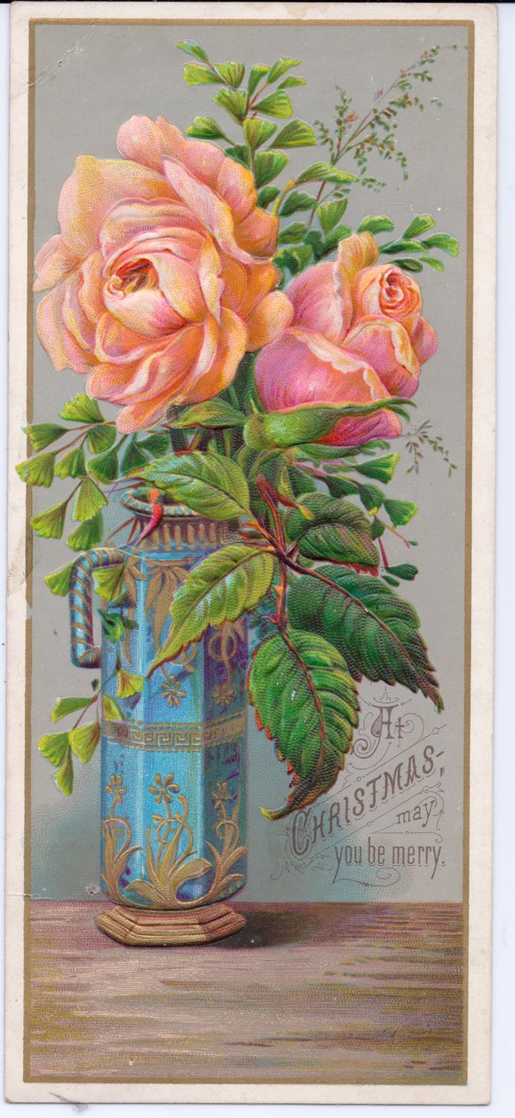 Tarjeta navideña victoriana con rosas en un jarrón azul, c.1880 (litografía en color) de English School