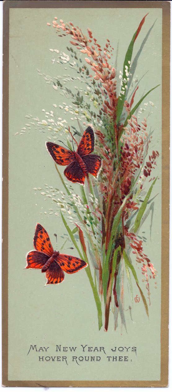 Tarjeta de Año Nuevo victoriana de dos mariposas entre hierbas altas, c.1880 de English School