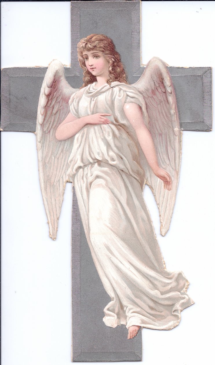 Relieve victoriano de un ángel delante de una cruz, c.1880 (litografía en color) de English School