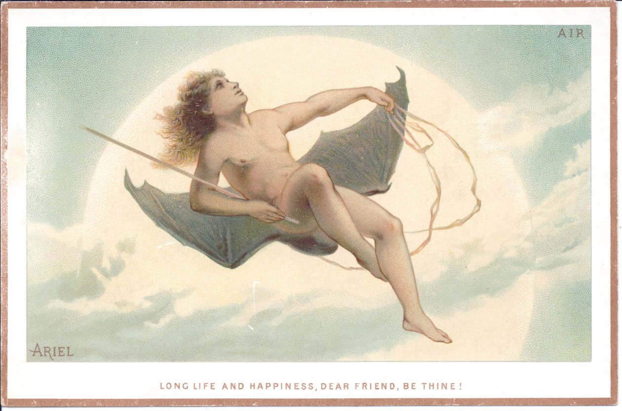 Tarjeta victoriana de un hombre desnudo sosteniendo una vara y sentado en un par de enormes alas de murciélago volando a través de las nubes, c.1880 de English School