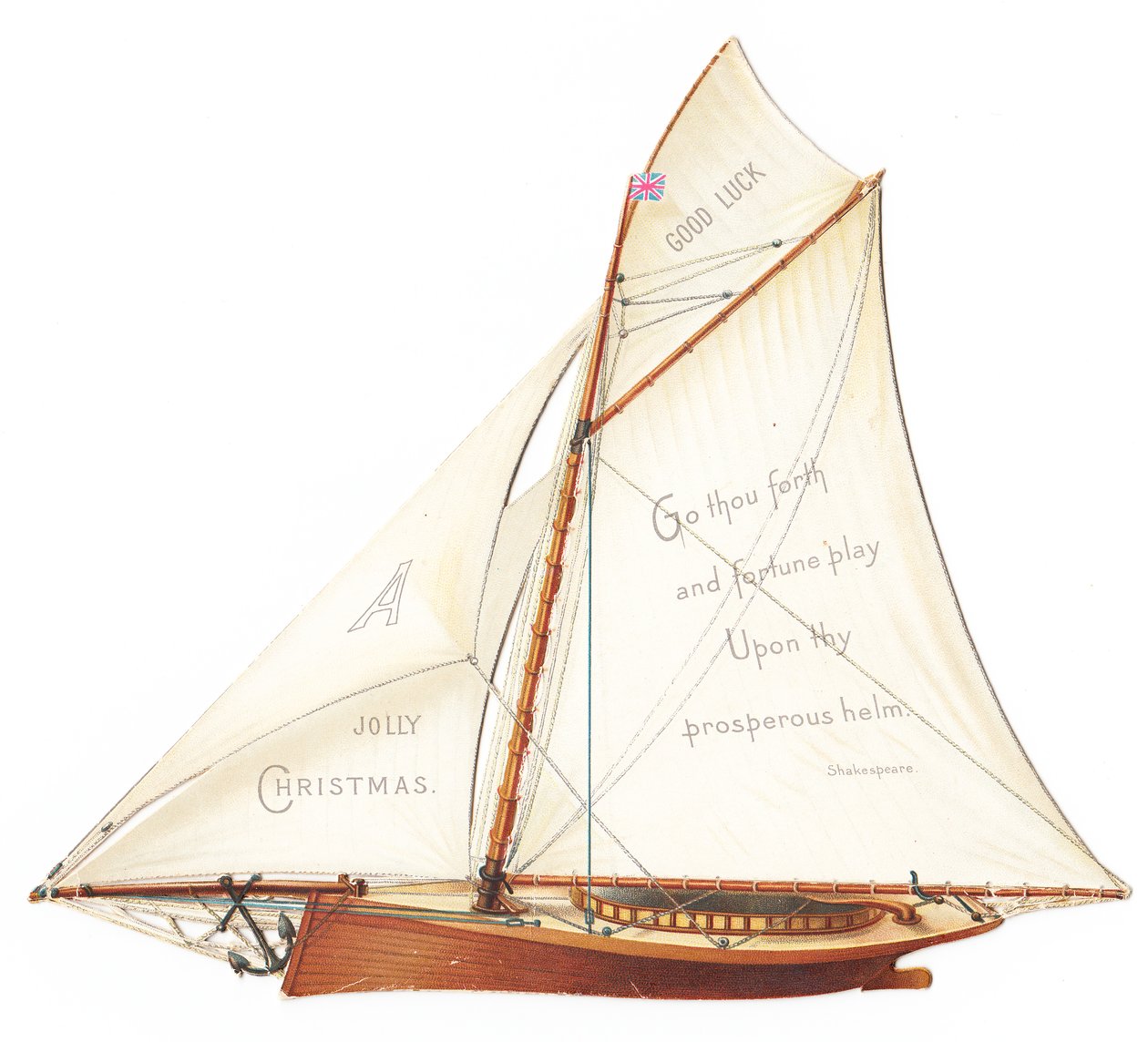 Tarjeta navideña victoriana tridimensional troquelada de un velero, c.1880 (litografía en color) de English School
