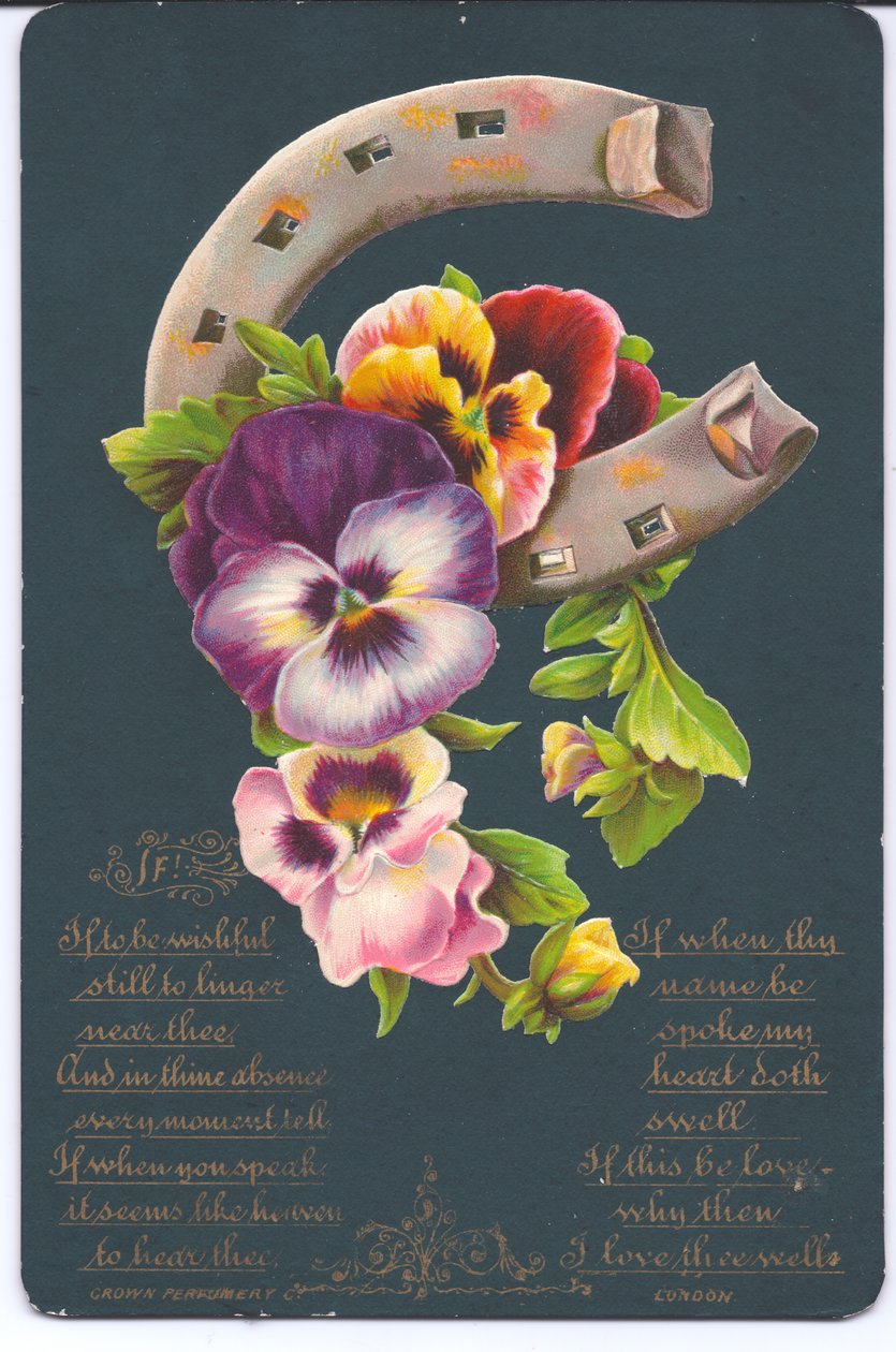 Una tarjeta de felicitación victoriana de buena suerte con un herradura y pensamientos, c.1880 de English School