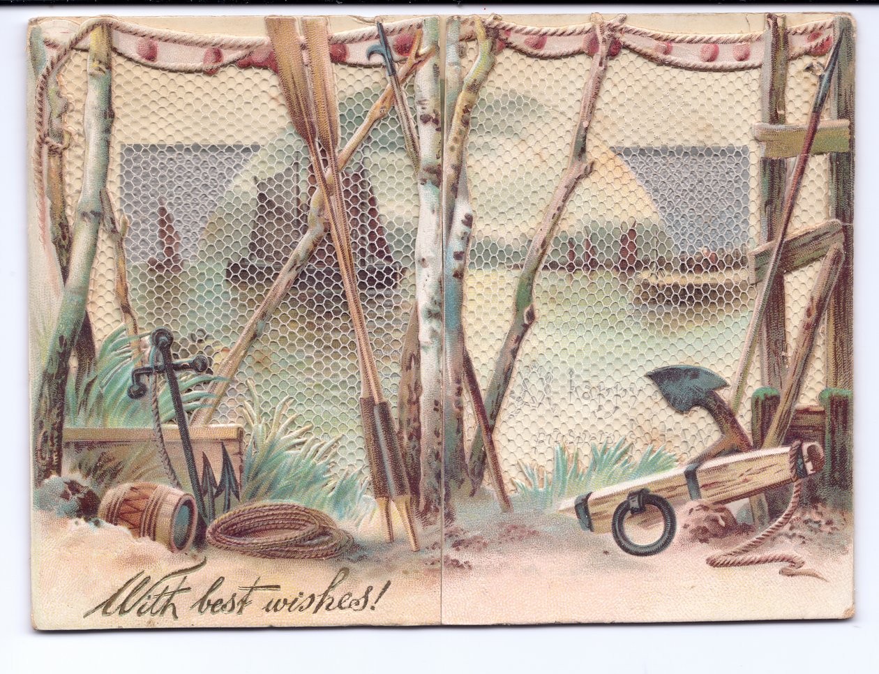 Tarjeta de felicitación victoriana de barcos de vela vistos a través de una pantalla de gasa, c.1880 de English School
