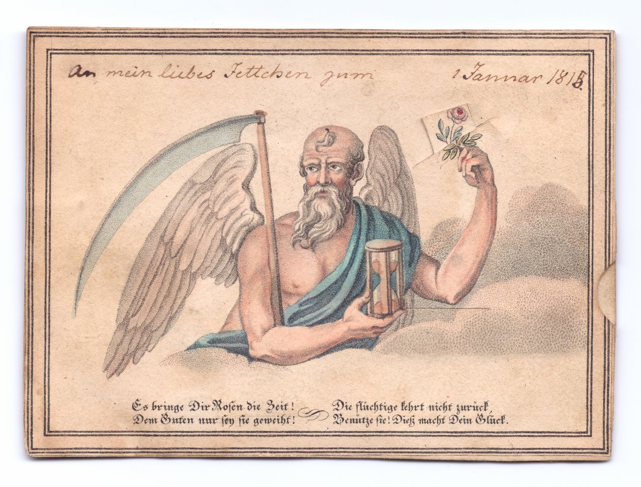 Tarjeta de felicitación victoriana de la Parca con una guadaña y un reloj de arena sosteniendo una rosa, c.1815 de English School