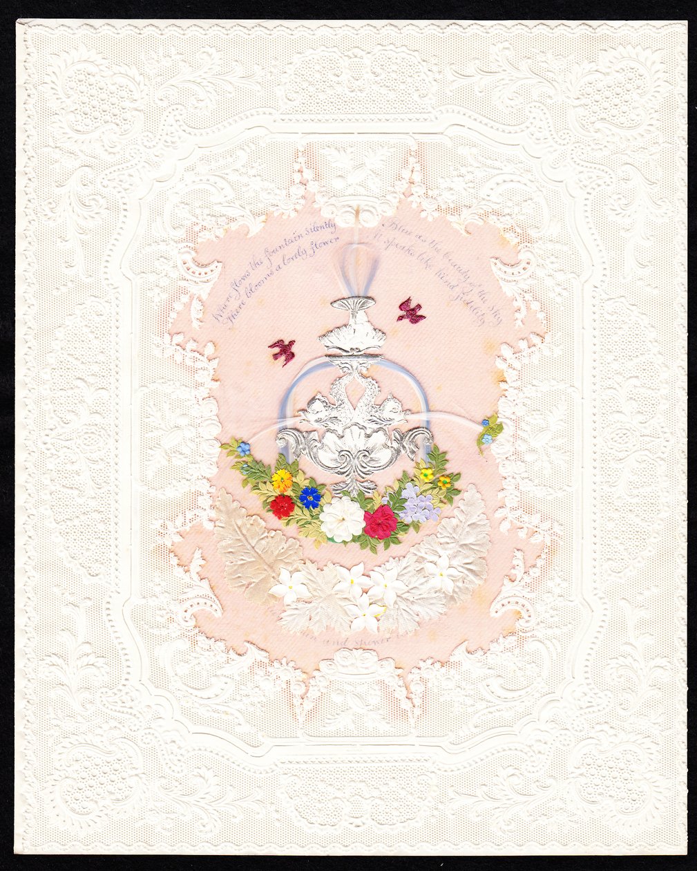 Tarjeta de San Valentín victoriana de encaje de papel de una fuente con flores, c.1870 (litografía en color) de English School