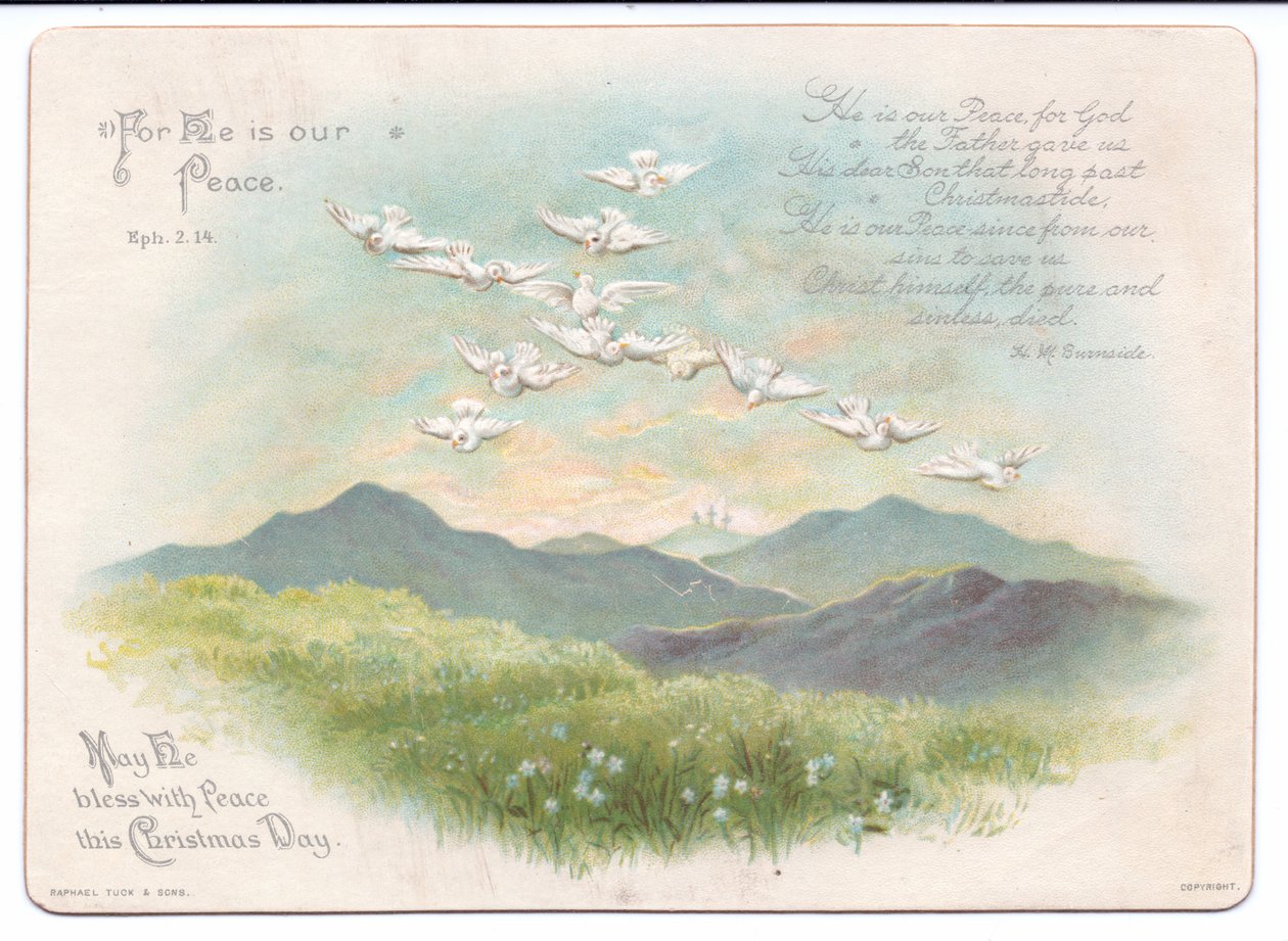 Tarjeta navideña religiosa victoriana de palomas voladoras en forma de cruz, c.1880 de English School